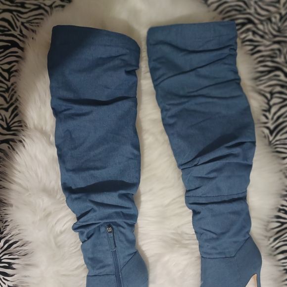 Forever 21 Women pointed toe Denim knee high stiletto boots - Picture 5 of 16